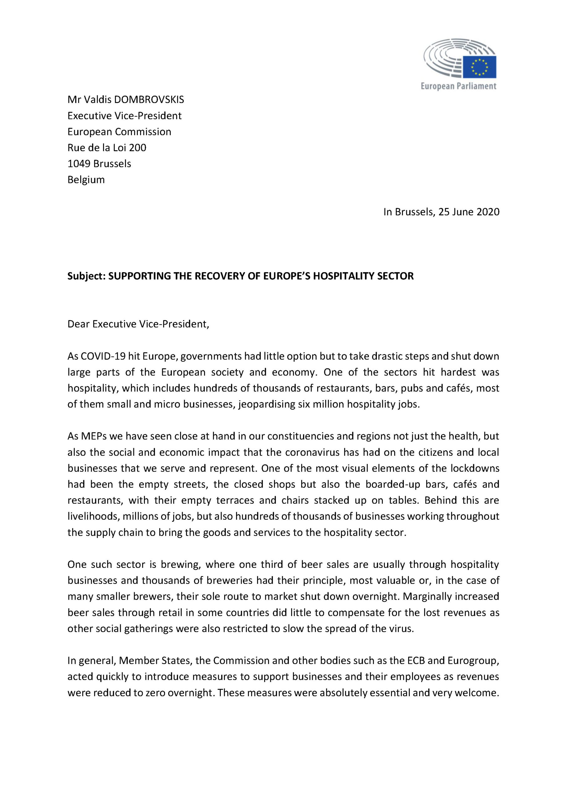 Letter on supporting the recovery of Europe's hospitality sector - page 1