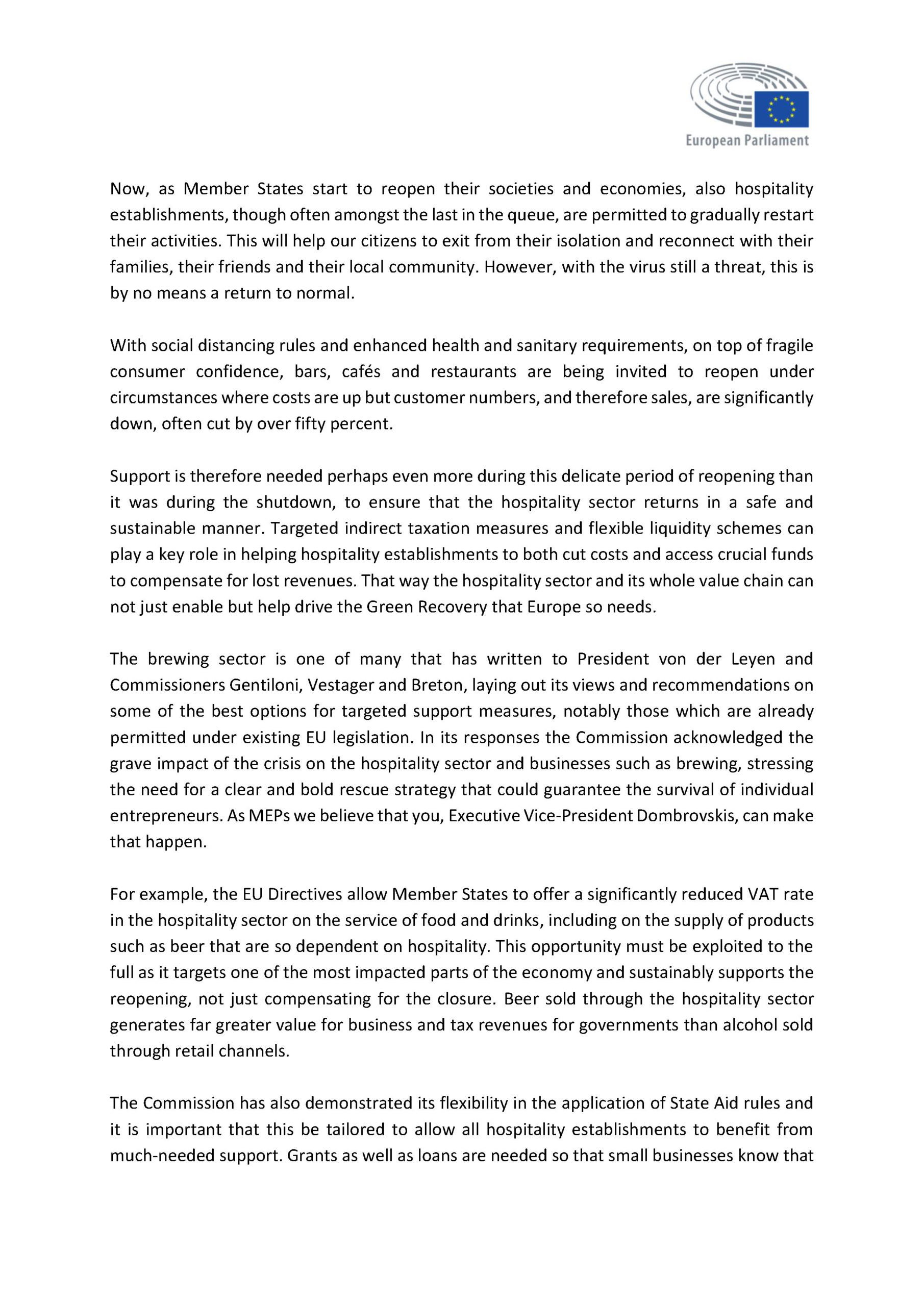 Letter on supporting the recovery of Europe's hospitality sector - page 2